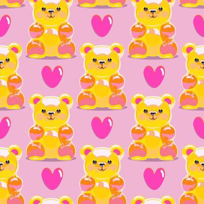 seamless pattern with bright honey gummy bears and candy hearts on soft pink background
