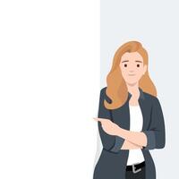 Confident Woman Pointing at Blank Space, perfect for adding text or graphics. vector