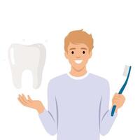 Man holding a toothbrush and a sparkling white tooth. The Importance of Good Oral Hygiene. vector