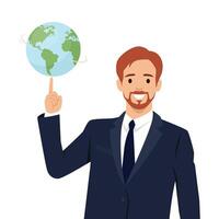 Businessman with a Global Vision in a suit smiling while spinning a globe on his finger. vector