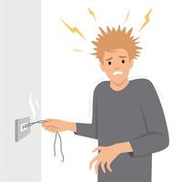 Man experiencing an electric shock after handling exposed wires. Electrical Shock Hazard. vector