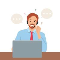 Friendly customer service wearing headset doing online conversation while working on a laptop. vector