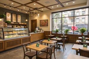 Modern Bakery Cafe Interior Design Tables, Chairs, and Pastries photo