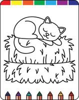 A coloring page with a cat sleeping on hay vector
