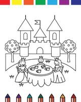 A coloring page with a castle and two princesses vector