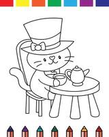 A coloring page with a cat in a top hat vector