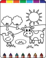A coloring page with a cow and chicken vector
