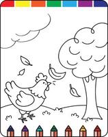 A coloring page with a chicken and tree vector
