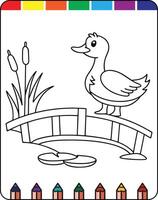 A duck on a bridge coloring page vector