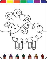 A coloring page with a sheep and a rainbow vector