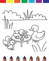 A coloring page with ducks and a table vector