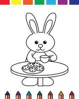 A coloring page with a bunny sitting at a table vector