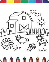 A coloring page with farm animals and a barn vector