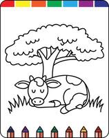 A cow laying down under a tree with a rainbow colored background vector
