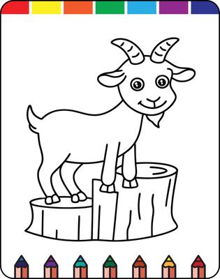 A coloring page with a goat on top of a tree stump