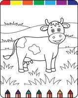 Coloring pages for kids with cow and grass vector