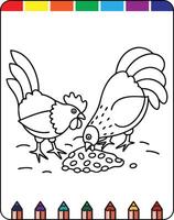 A coloring page with two chickens and eggs vector
