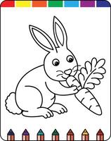 A coloring page with a rabbit eating carrots vector