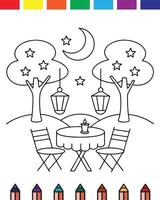 Coloring pages for kids with a table and chairs vector