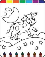 A cow coloring page with stars and moon vector