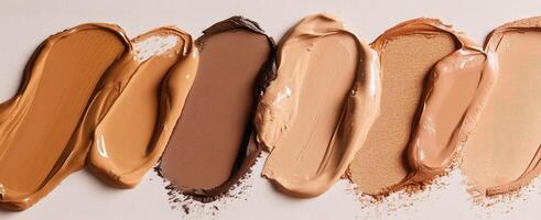 Foundation shades for various skin tones, smooth texture, rich pigmentation, makeup samples photo