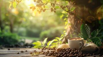 Cup of coffee on a wooden table with fresh coffee beans and a coffee tree in the background photo