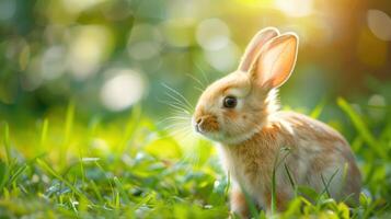 Cute orange bunny sitting in green grass under bright sunlight looking away in a spring setting photo