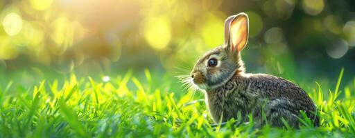 Cute bunny sitting in green grass under bright sunlight looking away in a spring setting photo