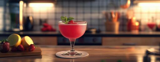 Refreshing strawberry daiquiri cocktail garnished with lemon, strawberries on kitchen setting photo