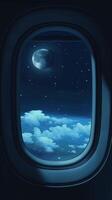 Night sky view through airplane window with moon, stars during flight above Earth photo