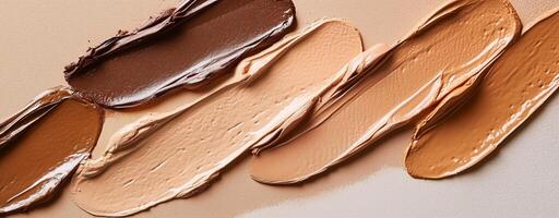 Various shades of foundation smeared, diversity in skin tones and smooth textures photo