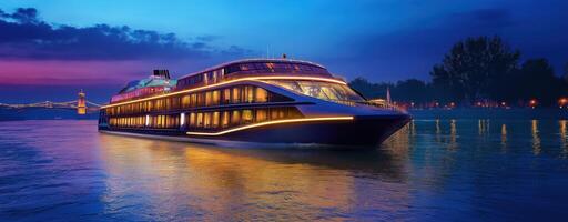 Luxury cruise ship illuminated at dusk, sailing on serene waters. Modern vessel with sleek design photo