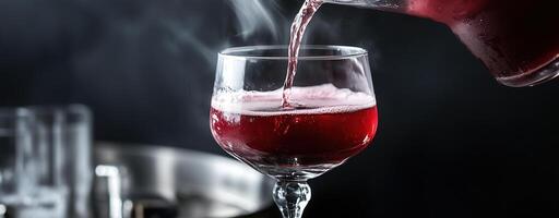 Red beverage being poured into a glass against a dark background, refreshing and elegant feel photo