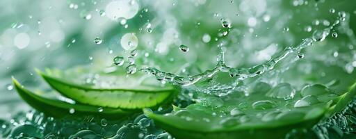 Aloe vera leaf with water droplets splashing into clear water, natural setting for wellness and spa photo
