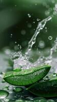 Aloe vera leaf, water droplets splashing into clear water, natural setting for wellness and spa photo
