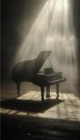 Piano in foggy spotlight on smoky stage, creating a dramatic and theatrical musical atmosphere photo