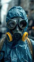 Person in protective hazmat suit and gas mask on city street in a hazardous post-apocalyptic setting photo