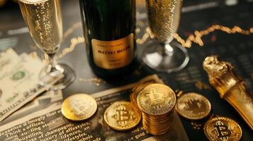 Champagne glasses, cryptocurrency coins on dollar bills, symbolizing wealth and success photo