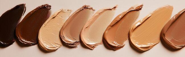 Foundation shades for various skin tones, rich pigmentation, makeup samples, smooth texture, photo