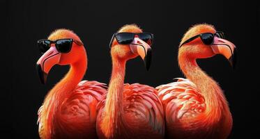 Three pink flamingos wearing sunglasses on a dark background, fun summer, party vibe photo