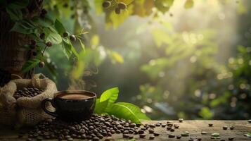 Cup of smoky coffee on a table with fresh coffee beans and a coffee tree in the background photo
