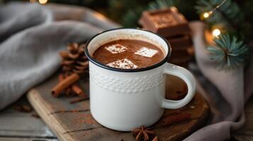 Hot chocolate with marshmallows in a mug with cinnamon and festive decor, cozy winter atmosphere photo