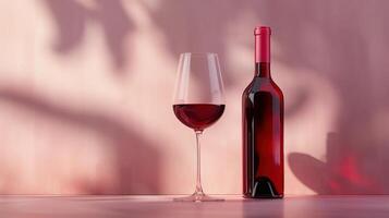 Elegant red wine glass and bottle on soft pink background, perfect for dining and celebrations photo