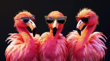 Three pink flamingos wearing sunglasses on a dark background, fun summer party vibe photo