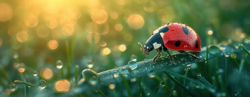 Ladybug on grass macro close up. Ladybug covered in water droplets on macro photography photo