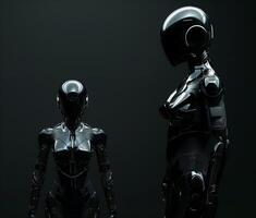 Futuristic black power suit with helmet for woman, minimalist design, dark background. photo