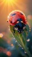 Ladybug on grass macro close up. Ladybug covered in water droplets, Warm sunlight. photo