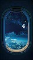 Night sky view, airplane window with moon, stars, and clouds during flight above Earth photo