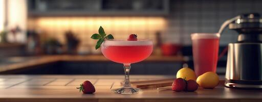 Refreshing strawberry daiquiri garnished with lemon, strawberries, and mint on a kitchen table photo