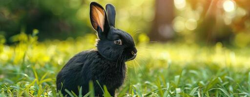 Cute black bunny in grass with ears up looking away in soft sunlight on a grassy field photo